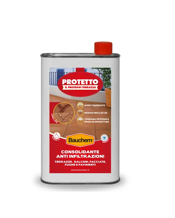 ProTetto 1 Lt Bauchem - IL PROTEGGI TERRAZZA - Trattamento idrorepellente consolidante ad alta penetrazione, di lunga durata. Anti Infiltrazioni - Terrazze, balconi, facciate, fughe e pavimenti.