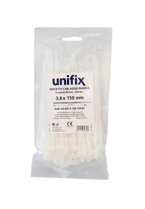 Unifix Fascette Cablaggio in Nylon Colore Bianco 150x3,6mm 100 pz