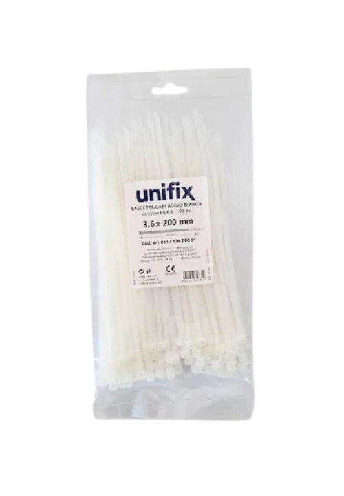 Unifix Fascette Cablaggio in Nylon Colore Bianco 200x3,6mm 100 pz