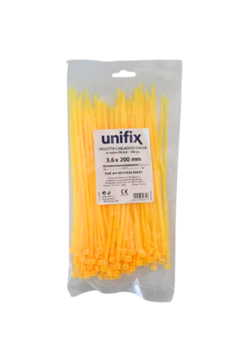 Unifix Fascette Cablaggio in Nylon Colore Giallo 200X3,6 mm 100 pz