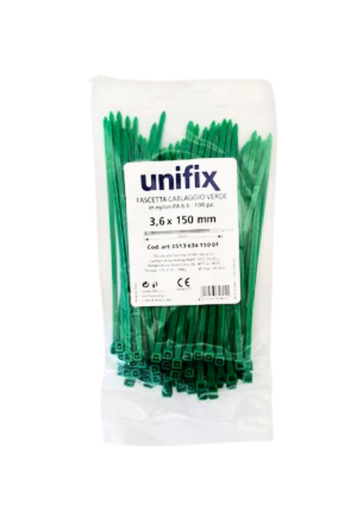 Unifix Fascette Cablaggio in Nylon Colore Verde 150X3,6 mm 100 pz